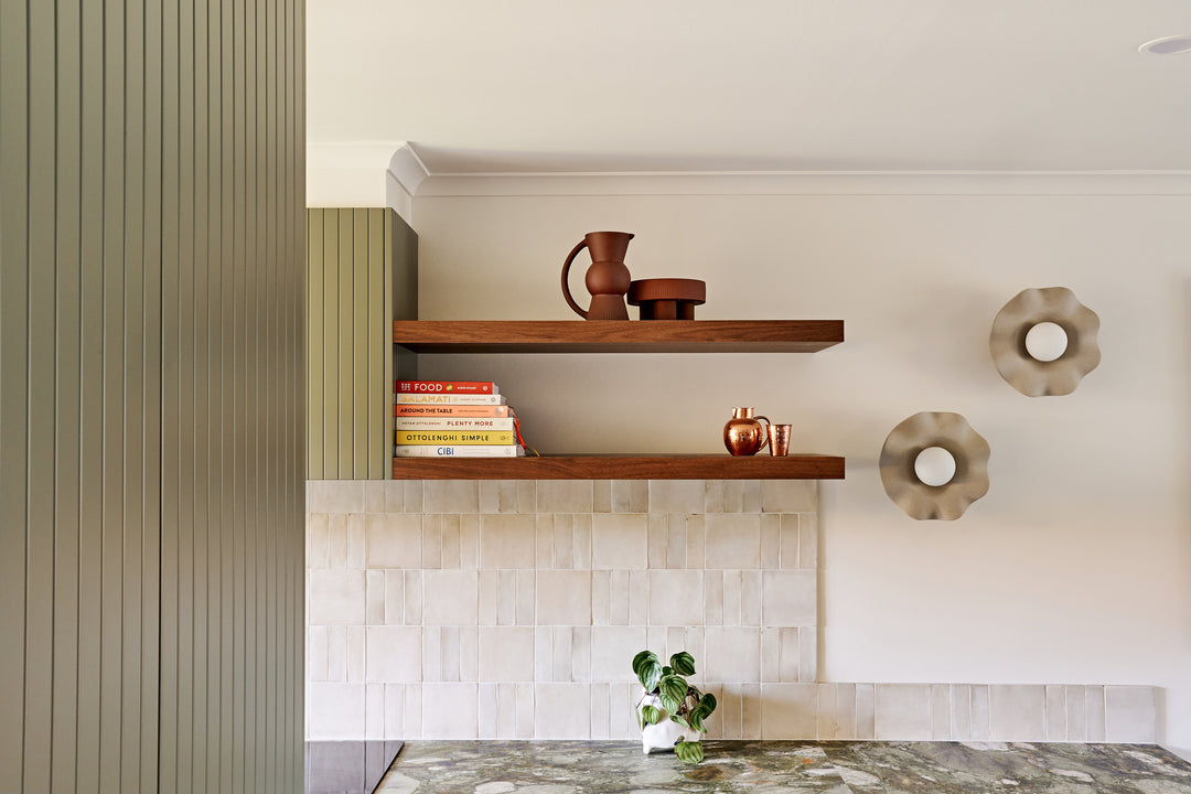 Image of kitchen backsplash featuring handmade tiles from Byzantine Design, Tile shop located in Melbourne, VIC
