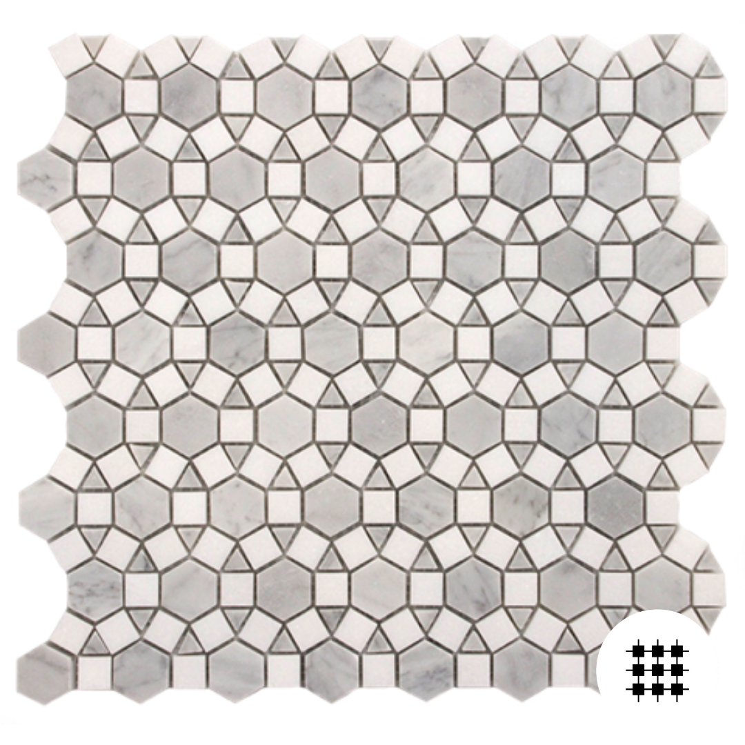 ALHAMBRA HONED GREY CARRARA AND POLISHED THASSOS HONED MOSAIC