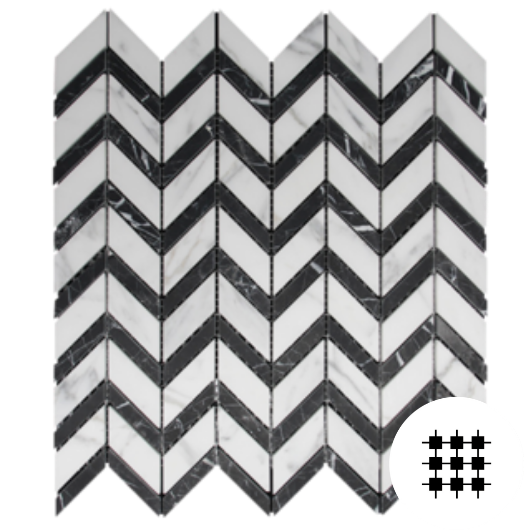 CARRARA AND NERO MARQUINA HONED CHEVRON MOSAIC
