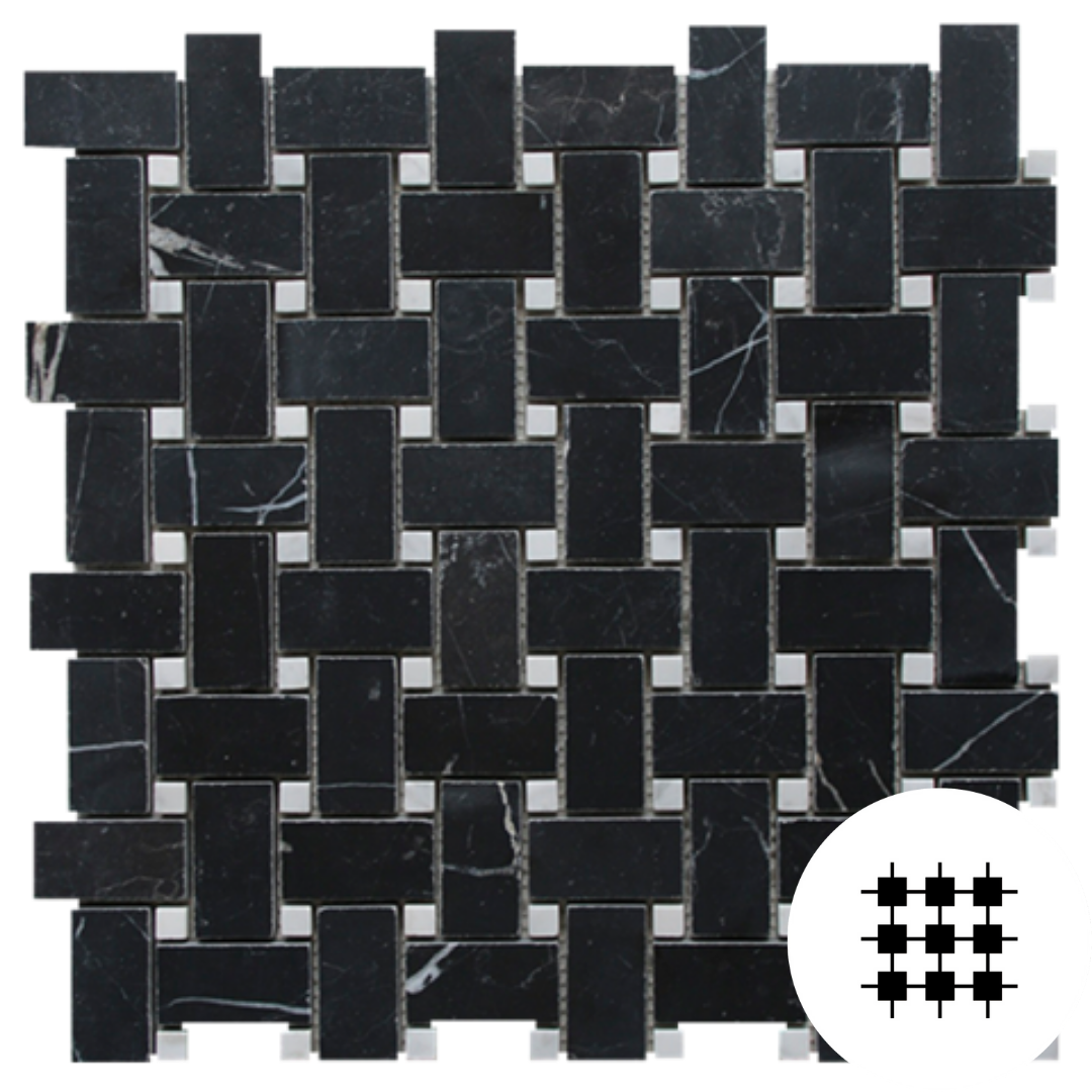 NERO MARQUINA HONED BASKETWEAVE WITH CARRARA C DOT