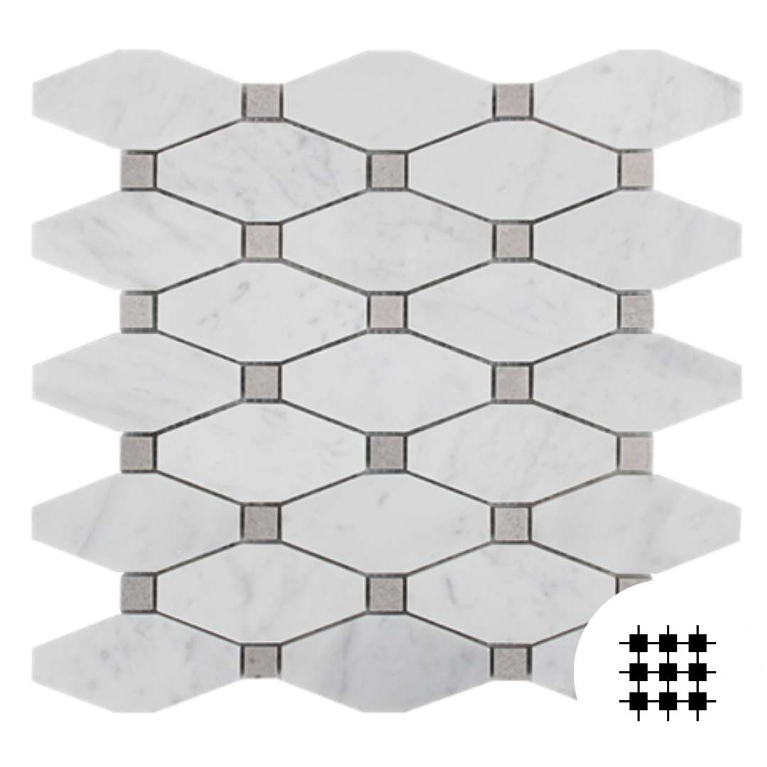 CARRARA HONED LONG OCTAGON MOSAIC WITH GREY DOT