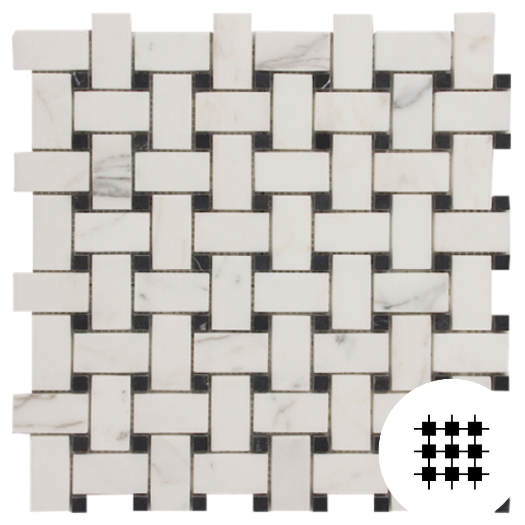 BASKETWEAVE, CALACATTA/NERO MARQUINA HONED
