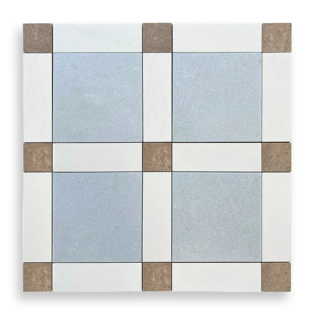 GINGHAM SKY BLUE, ROSEWOOD AND THASSOS HONED